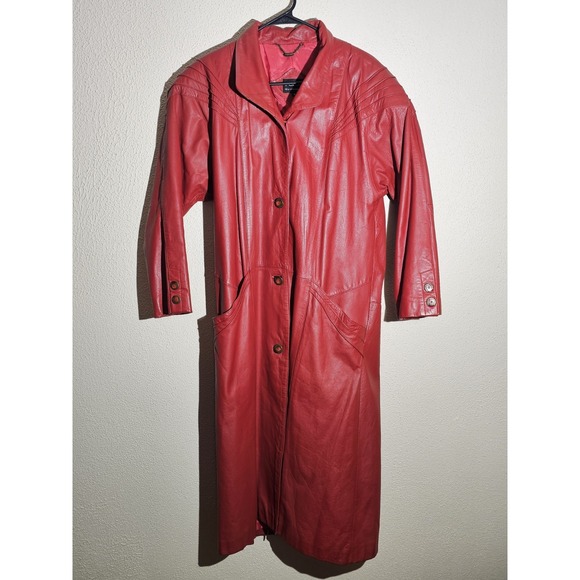 Vintage Pelle Red 100% Leather Trench Coat Sz M Goth Vampire Retro‎